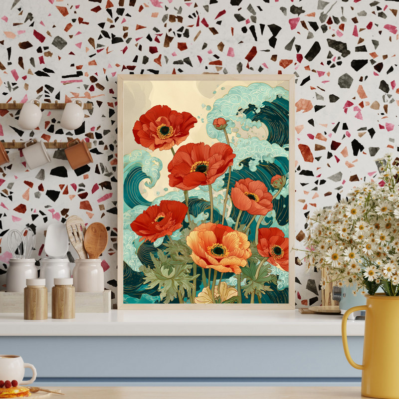 Ocean waves and anemones canvas wall art, modern abstract composition in teal and navy hues, ideal for living room decor.