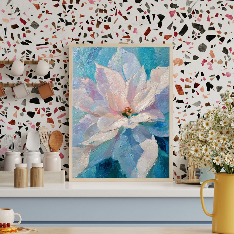 White poinsettias canvas wall art in portrait, dreamy oil painting texture for cozy holiday living room decor