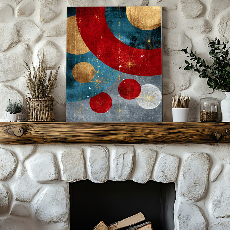 Abstract Christmas ornament canvas wall art, boho geometric lines in muted pastels, ideal dorm room accent above desk or bed.