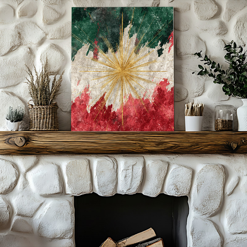 Abstract Christmas Star canvas wall art with textured brushstrokes, emerald gold tones, square format, dorm Christmas decor
