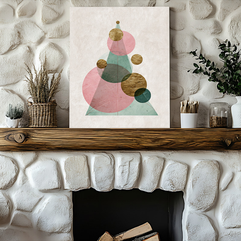 Abstract Christmas Tree canvas wall art with gold accents on a deep navy ground, landscape holiday style for dorm rooms