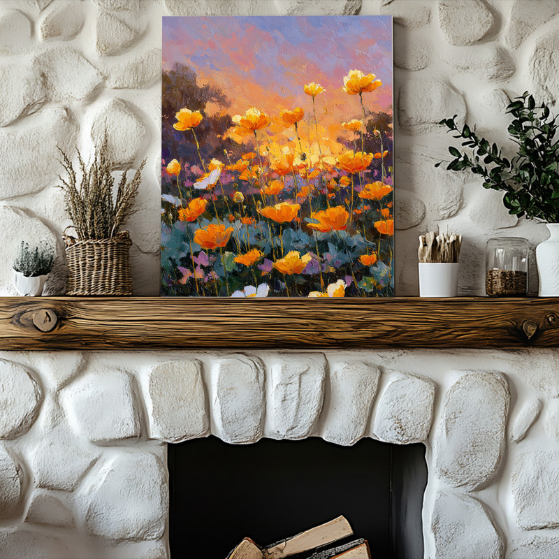 Amber Horizon canvas wall art, impressionist sunset over anemone flowers in amber and blush, palette for hallway display