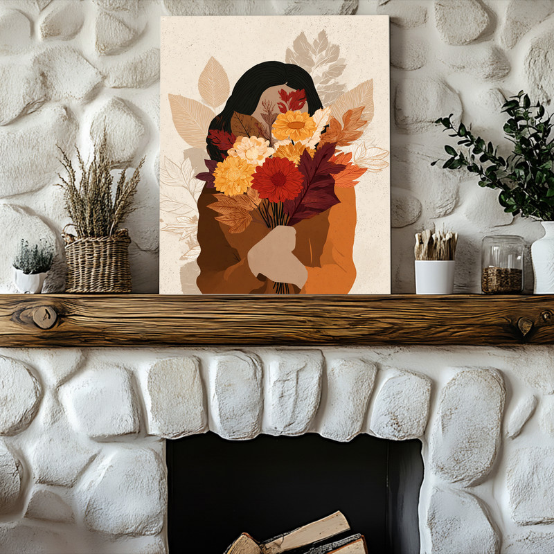 Autumn muse canvas wall art with burnt orange, rust, and beige palette, perfect accent for boho dorm room decor