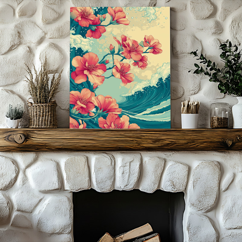 Azaleas and ocean waves floral canvas wall art, impressionist brushstrokes and textured details, gallery-wrapped canvas