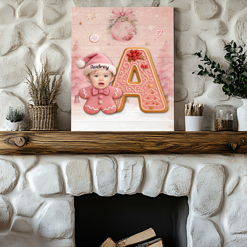 Baby pink gingerbread monogram canvas with personalized name and photo, baby's first holiday keepsake for nursery decor Baby pink gingerbread monogram canvas with personalized name and photo, baby's first holiday keepsake for nursery decor