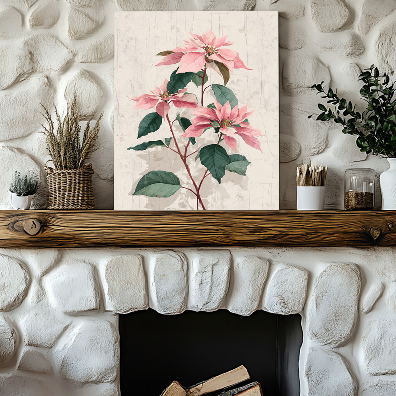 Blush pink poinsettias canvas wall art, vintage botanical illustration close-up of petals and leaves, ivory background
