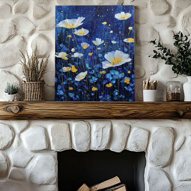 Celestial Garden canvas wall art with anemone flowers under stars in indigo and navy tones, perfect for living room walls