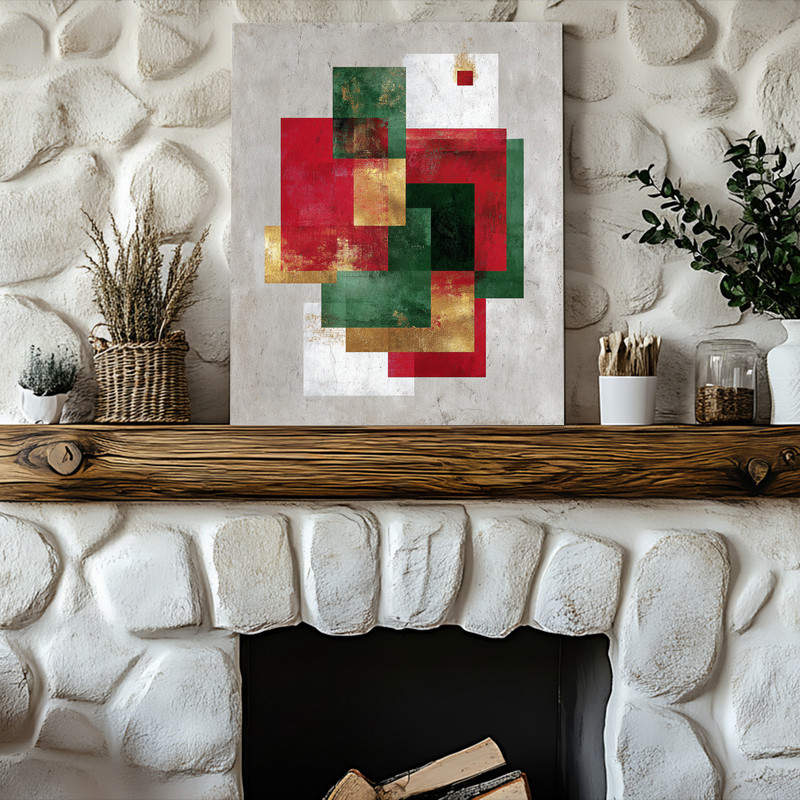 Christmas abstract canvas wall art with sweeping brushstrokes, deep emerald and crimson palette, landscape format for dorms