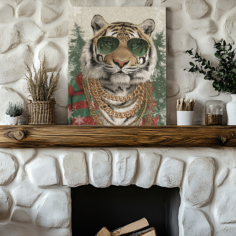 Christmas tiger canvas wall art with red and green palette and snow, square canvas print for festive dorm room decor
