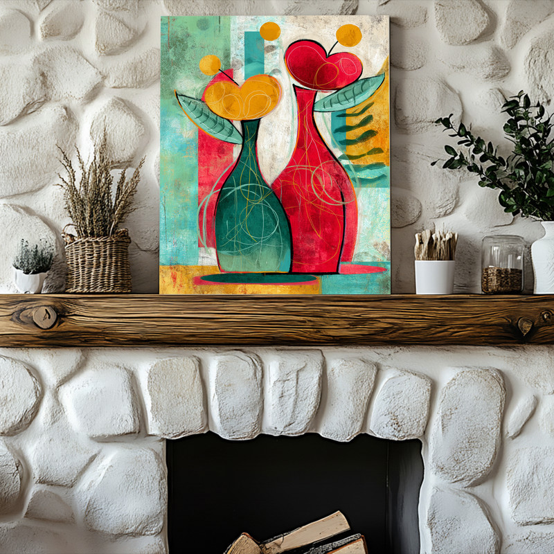 Abstract holiday flower vase on canvas wall art, textured painterly style in warm seasonal colors, decor for small dorm room