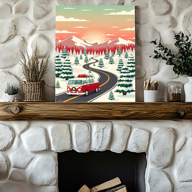 Christmas journey canvas wall art showing a snow-covered road with firs and lights, ideal dorm room decor, minimalist style