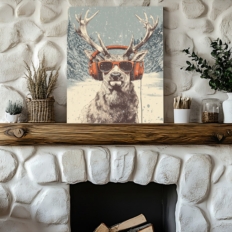 Christmas reindeer canvas wall art, retro comic pop art with red and green accents and snowflakes, dorm decor, square Christmas reindeer canvas wall art, retro comic pop art with red and green accents and snowflakes, dorm decor, square