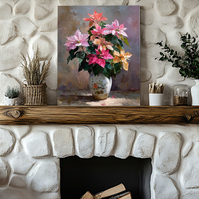 Colorful poinsettias vase canvas wall art, realistic oil close-up of layered red petals and deep green leaves