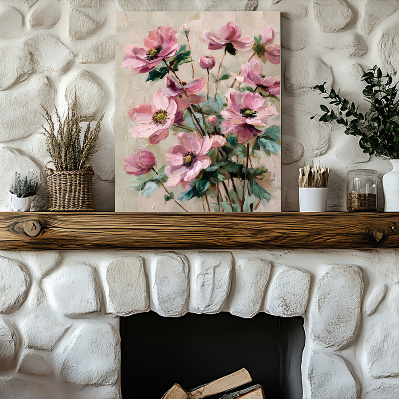 Anemone flower canvas wall art, coral-hued petals and dark backdrop create bold beauty for hallway gallery, vertical display