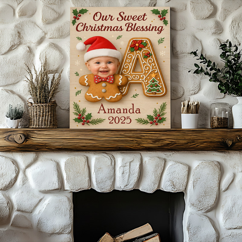 Baby gingerbread letter canvas wall decor featuring Our Sweet Christmas Blessing, festive monogram art for holiday nursery
