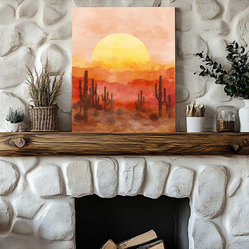 Desert harvest Thanksgiving landscape canvas wall art in muted desert palette, minimalist style, portrait layout for dorms