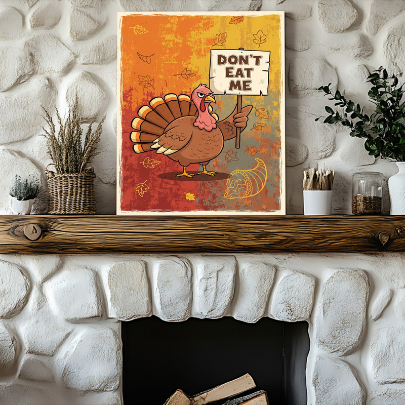 Funny Thanksgiving rustic canvas wall art showcasing a 'Don’t Eat Me' turkey meme, portrait format, distressed lettering for dorm rooms