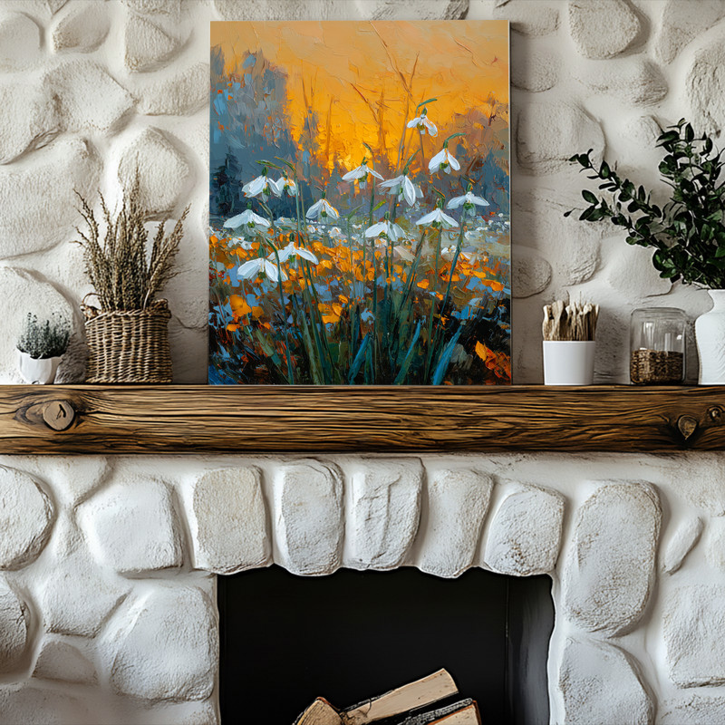 Dusty pink snowdrops canvas wall art, vintage-inspired botanical portrait with soft petals, portrait orientation for entryway