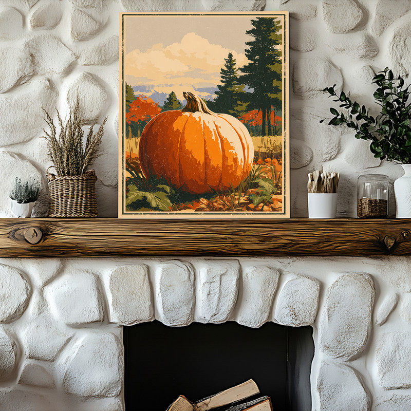 Giant pumpkin canvas wall art, vintage rustic harvest theme on distressed canvas, portrait layout suited for small dorm spaces