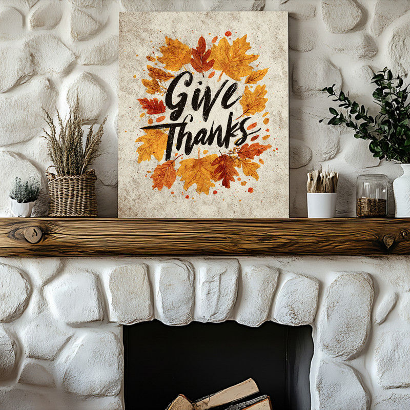 Thanksgiving canvas wall art with rustic 'Give Thanks' script and orange leaf accents, warm fall decor for college dorms