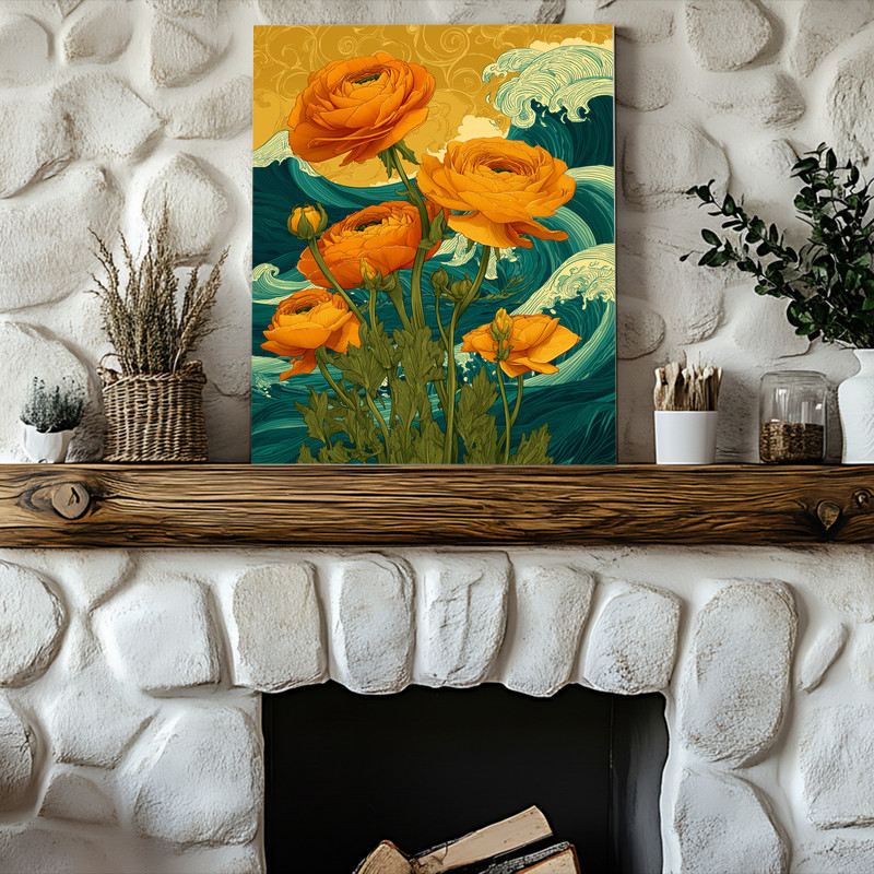 Golden Horizon ranunculi canvas wall art in impressionist style, sunlit horizon above the sea, for coastal living room decor