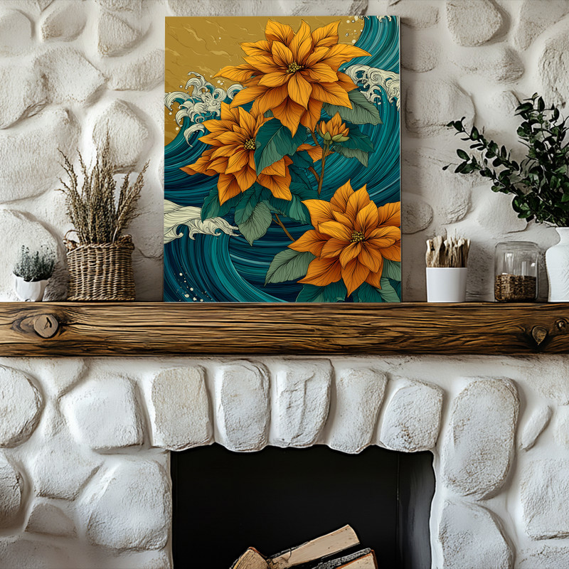 Golden sky poinsettias canvas wall art in abstract wave style, festive floral accent for holiday living room decor Golden sky poinsettias canvas wall art in abstract wave style, festive floral accent for holiday living room decor