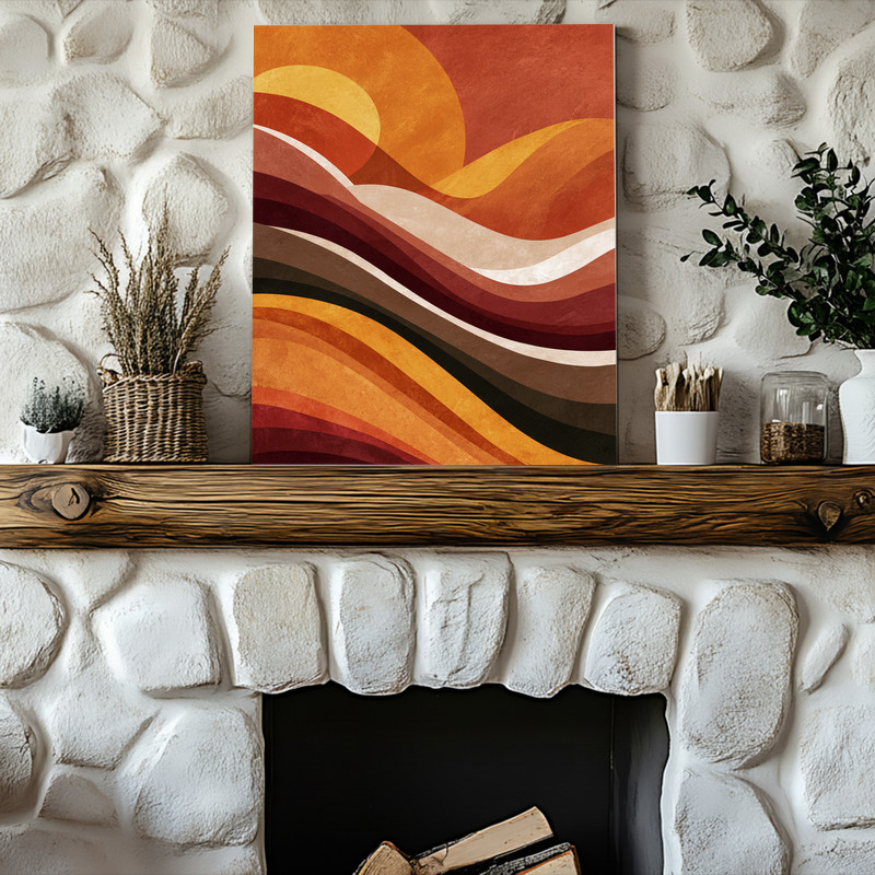 Harvest Waves abstract fall canvas wall art for dorm rooms, sweeping cranberry and amber waves, modern minimalist style, landscape