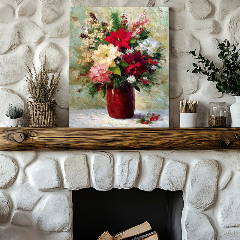 Christmas floral canvas wall art in watercolor on navy background, square canvas print for cozy dorm room seasonal decor