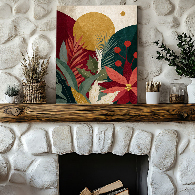 Modern Christmas canvas wall art of geometric holiday shapes, clean minimalist print sized for stylish dorm room wall decor