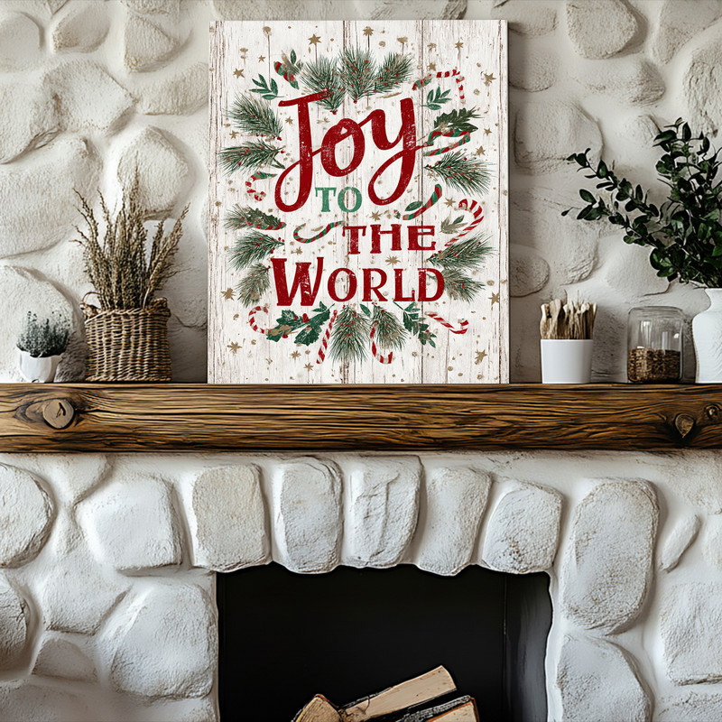 Joy to the World canvas wall art, rustic holiday accent for dorm decor with weathered script and subtle textured finish