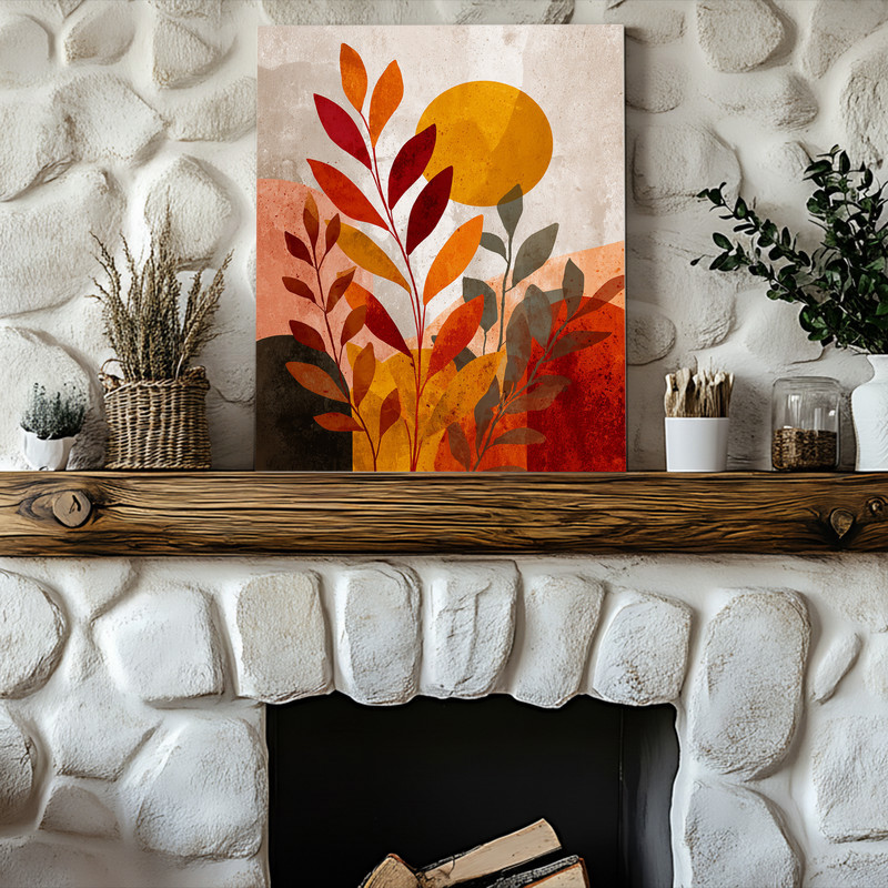 Layered autumn canvas wall art, landscape layout with organic curves in earth tones, warm minimal accent for dorm rooms.