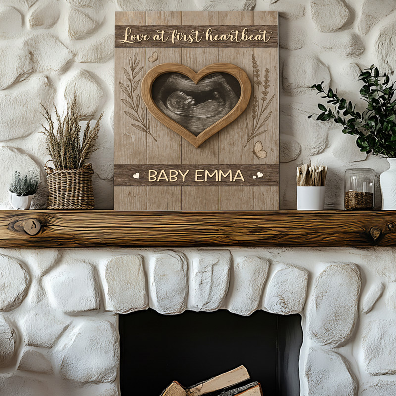 Love At First Heartbeat canvas wall art, rustic shiplap backdrop with sonogram heart, personalized names, baby shower gift