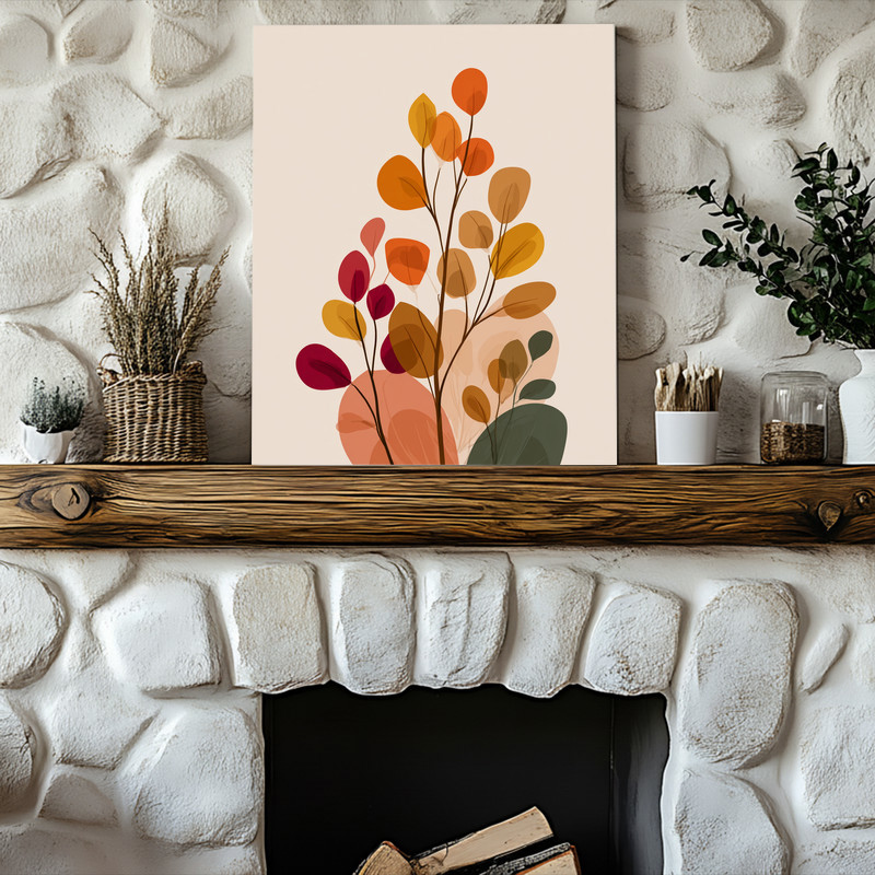 Minimalist botanical canvas wall art with eucalyptus sprig in muted sage and taupe tones, ideal for Thanksgiving dorm decor