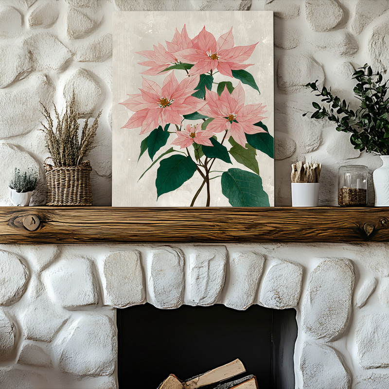 Poinsettias bloom canvas wall art, horizontal composition of clustered red blooms, moody oil painting, elegant holiday gift
