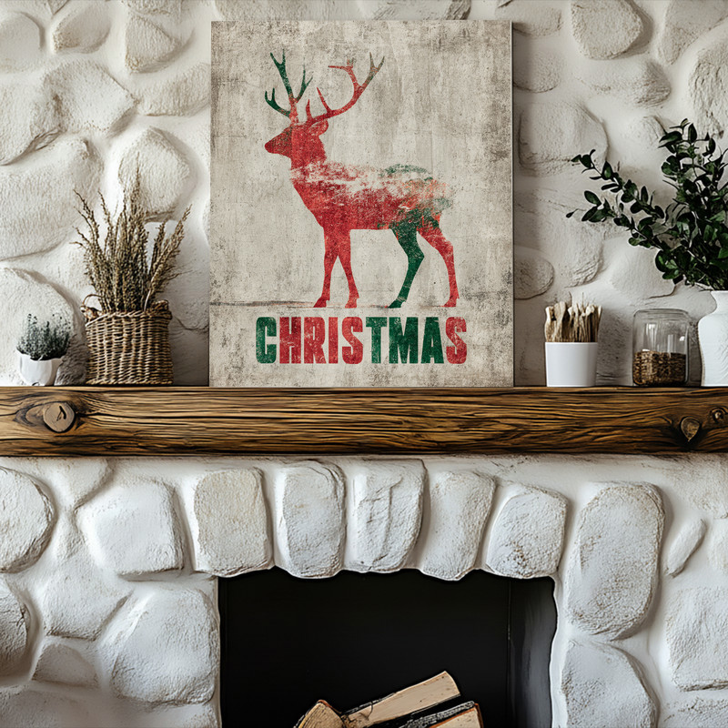 Minimalist reindeer Christmas canvas wall art, landscape layout, white outline on deep red, holiday accent for small dorms