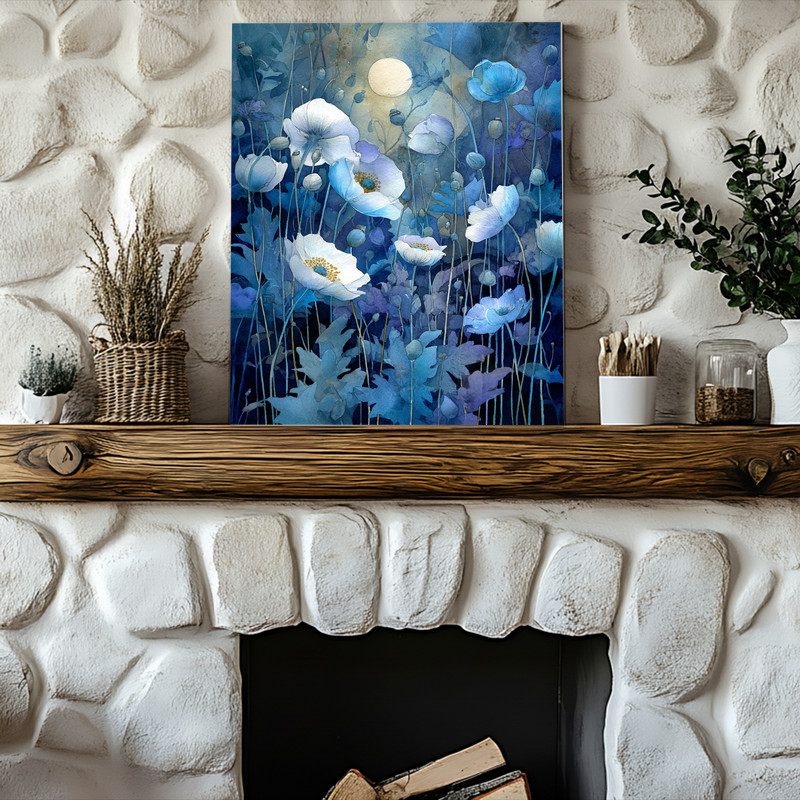 Moonlit anemone night garden canvas wall art, close-up blooms in twilight blues, gallery-wrapped square format for calming ambiance Moonlit anemone night garden canvas wall art, close-up blooms in twilight blues, gallery-wrapped square format for calming ambiance
