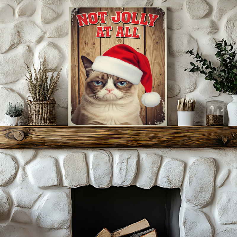Grumpy Christmas cat meme canvas wall art with 'Not Jolly At All' text, vertical layout, minimalist holiday dorm room decor