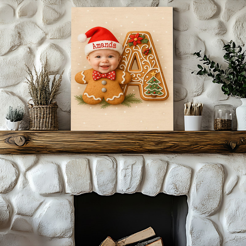 Personalized gingerbread initial canvas for baby, cookie letter with snowflakes, nursery decor for Baby’s First Christmas