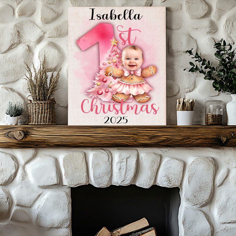 Baby girl first Christmas canvas wall art featuring pink gingerbread ballerina, custom name, festive snowflakes for nursery decor Baby girl first Christmas canvas wall art featuring pink gingerbread ballerina, custom name, festive snowflakes for nursery decor