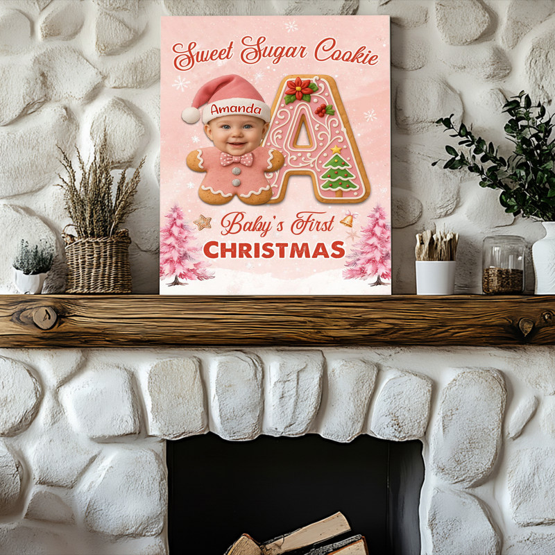 Baby pink gingerbread canvas wall art keepsake, personalized with name and date, sugar cookie style for baby's first holiday