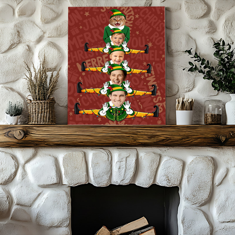 Elf family Christmas tree canvas wall art on rustic wood-look background, four elves, personalized first names