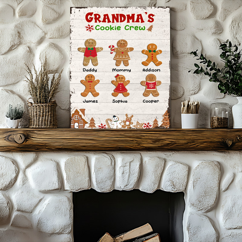 Gingerbread family Christmas canvas wall art for kitchen decor, custom grandkids’ names on Grandma’s Cookie Crew, festive art