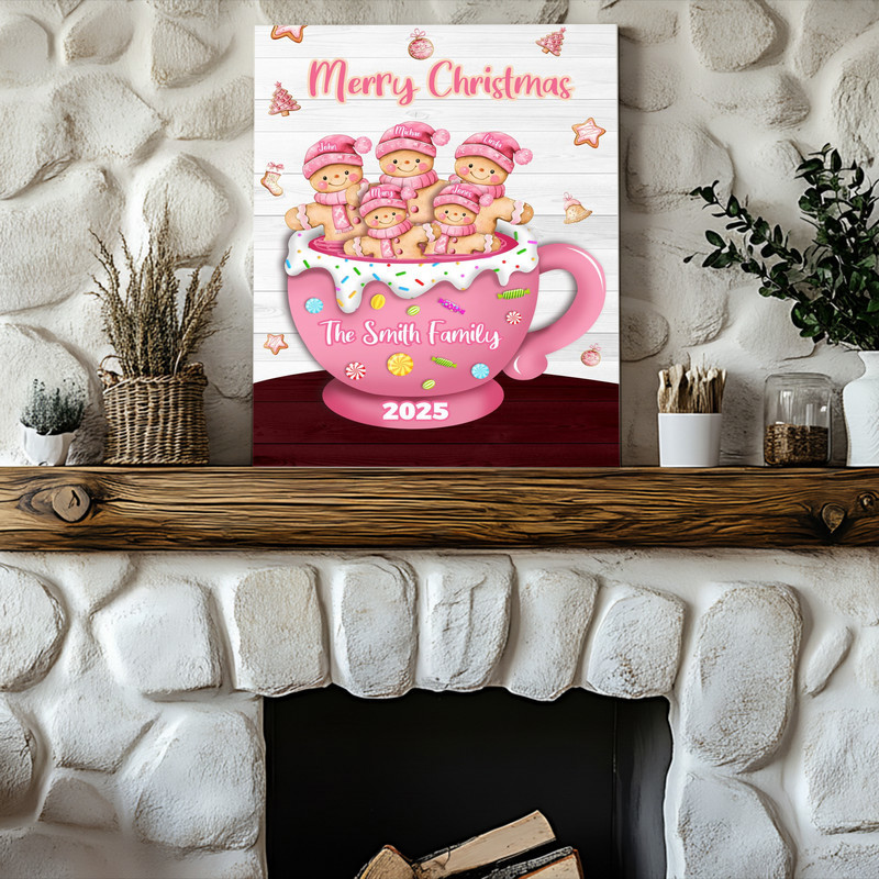 Gingerbread family in pink cup Christmas canvas wall art, personalized names, candy cane and snowflake accents Gingerbread family in pink cup Christmas canvas wall art, personalized names, candy cane and snowflake accents
