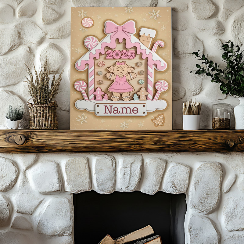 Personalized pink gingerbread canvas wall art with custom name, pastel Christmas decor for baby girl’s First Christmas Personalized pink gingerbread canvas wall art with custom name, pastel Christmas decor for baby girl’s First Christmas