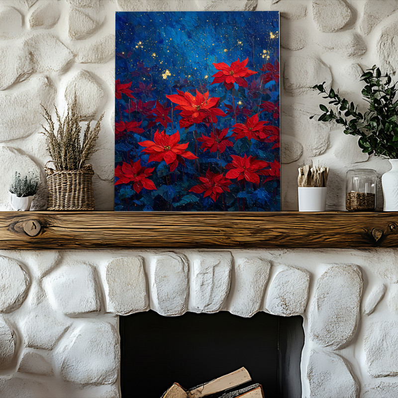 Poinsettias night garden canvas wall art, soft wash and layered petals on navy backdrop, portrait orientation, dark floral