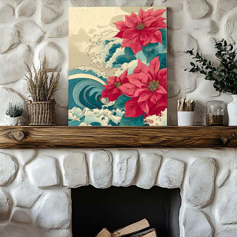 Japanese-inspired poinsettias and ocean waves canvas wall art, sumi-e brushwork, navy waves framing red blooms, vertical