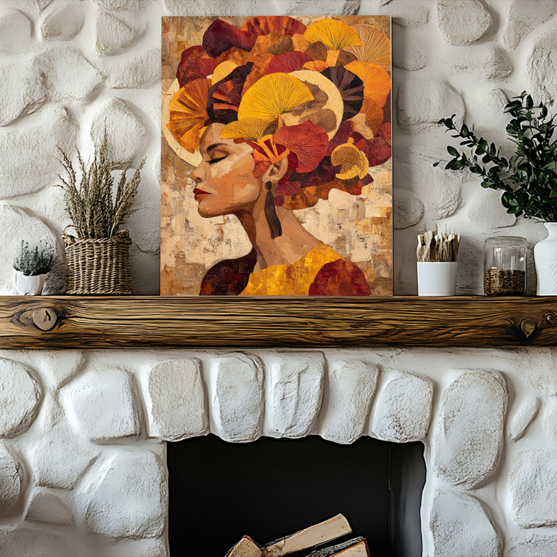 Portrait of a woman with an extravagant headdress canvas wall art, boho style with textured brushwork to elevate a cozy dorm
