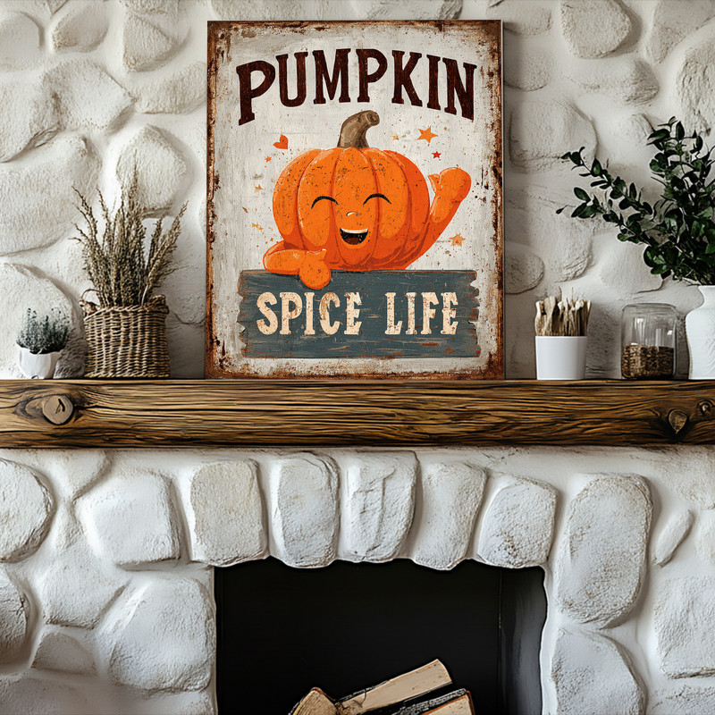 Pumpkin spice life meme canvas wall art, minimalist black lettering on white canvas, square, cheeky Thanksgiving dorm decor