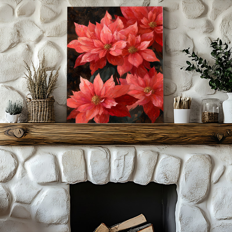 Red poinsettias portrait canvas wall art, farmhouse rustic on textured neutral background, vertical close-up composition