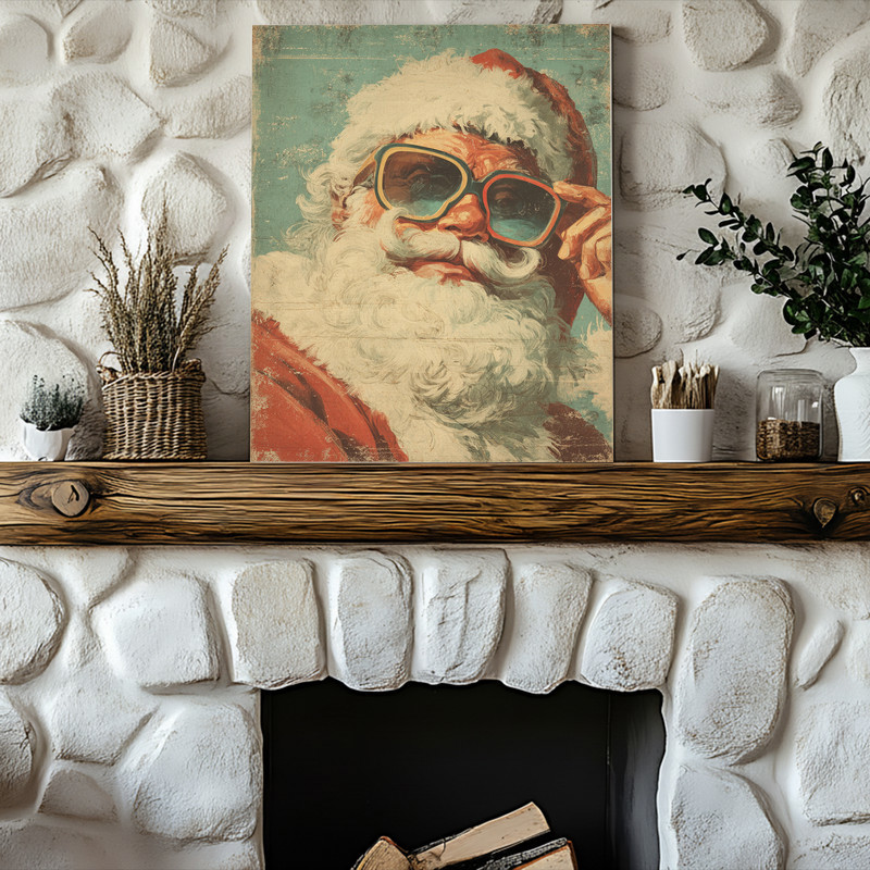 Retro Santa canvas wall art, whimsical and funny, perfect for college dorm decor and small-space holiday wall accents in student halls